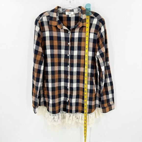 Hayden Brown Plaid Flannel Long Sleeve Lace Trim Button-Up Shirt Size Small - Picture 10 of 12